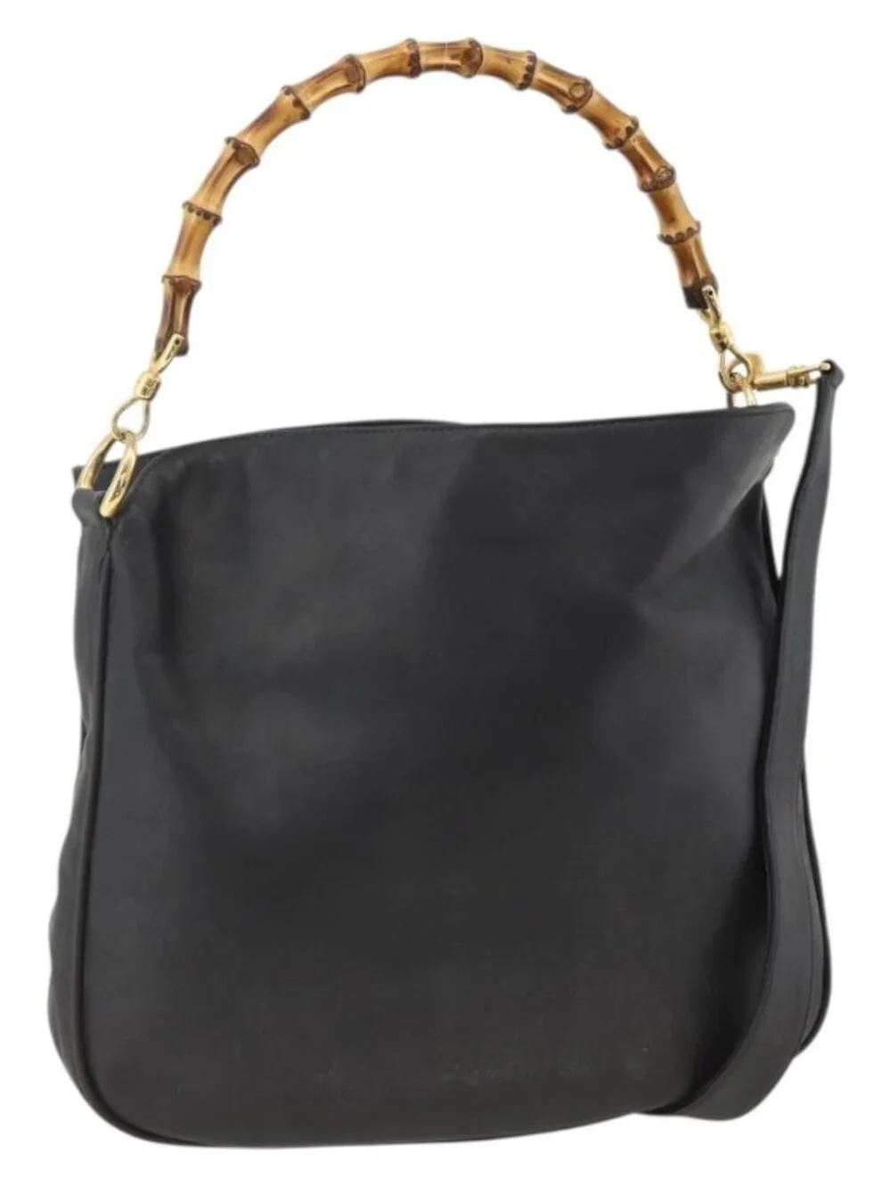 GUCCI Bamboo Shoulder Bag Leather 2way Black Gold 001 1781 1638 Auth BAZ883